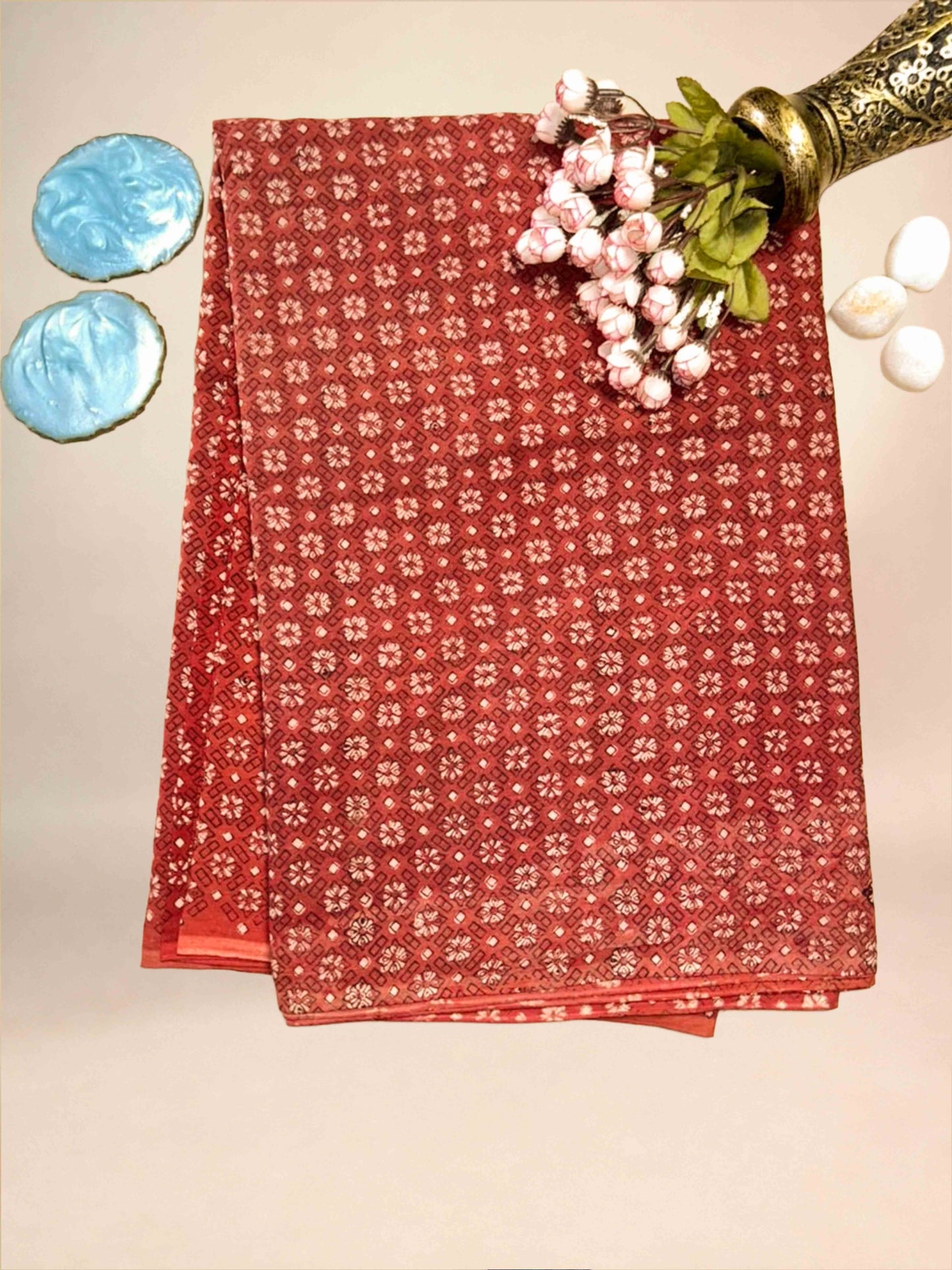 Red Saudagiri Mul Hand Block Printed Fabric