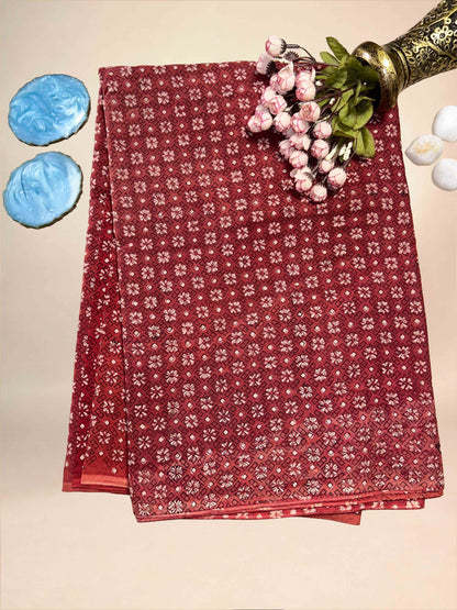 Maroon  Saudagiri Mul Hand Block Printed Fabric