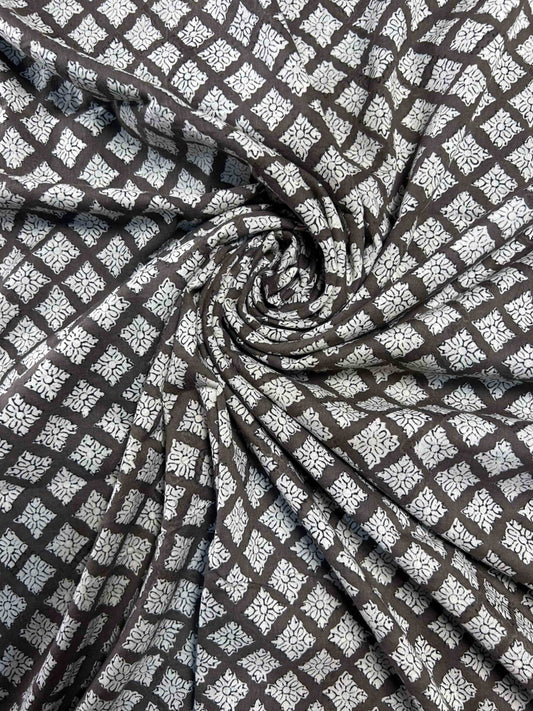Dark Brown Saudagiri Mul Hand Block Printed Fabric