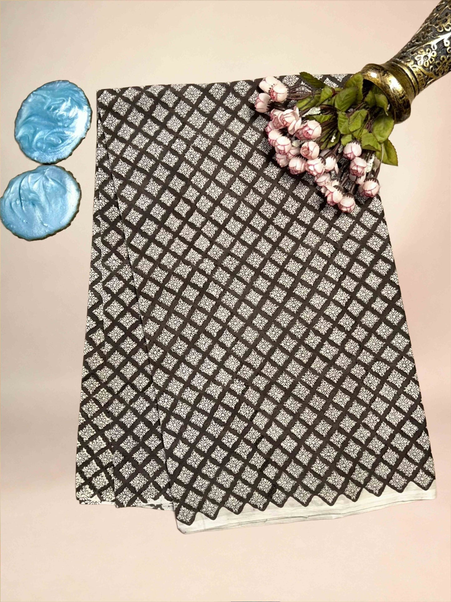 Dark Brown Saudagiri Mul Hand Block Printed Fabric