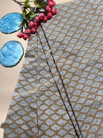 Camel Beige Saudagiri Mul Hand Block Printed Fabric