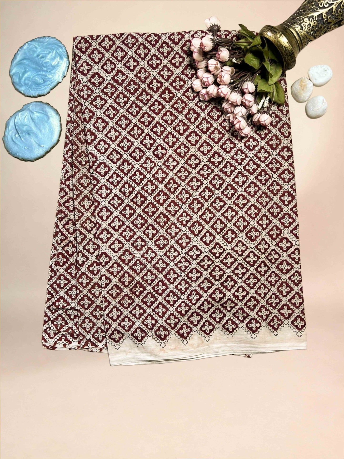 Maroon Saudagiri Mul Hand Block Printed Fabric