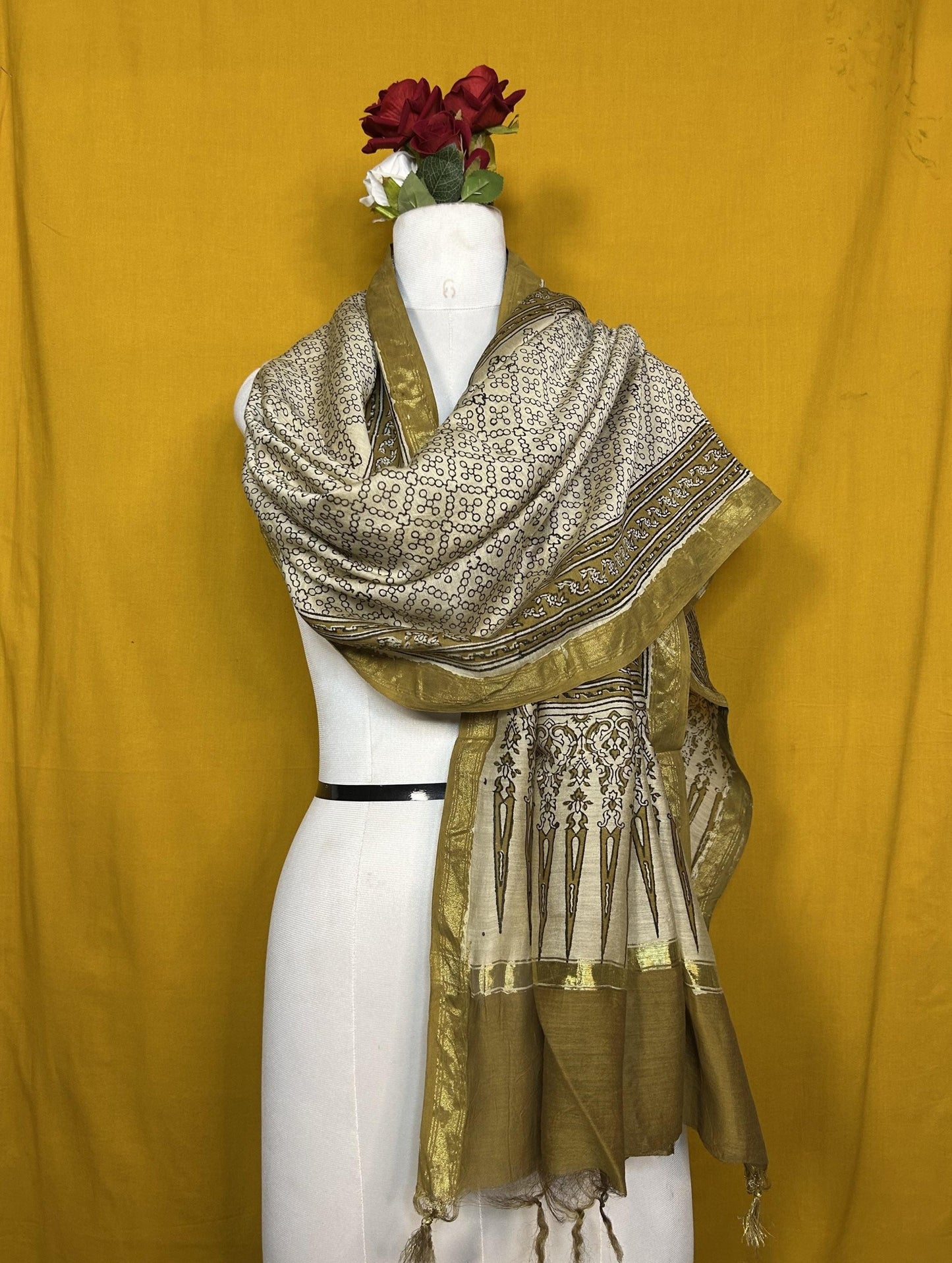 Saudagiri Chanderi Handblock Printed Dupatta Green 