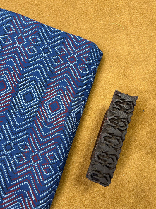 Multicolor Semi Natural Hand Printed Fabric | Navy Blue