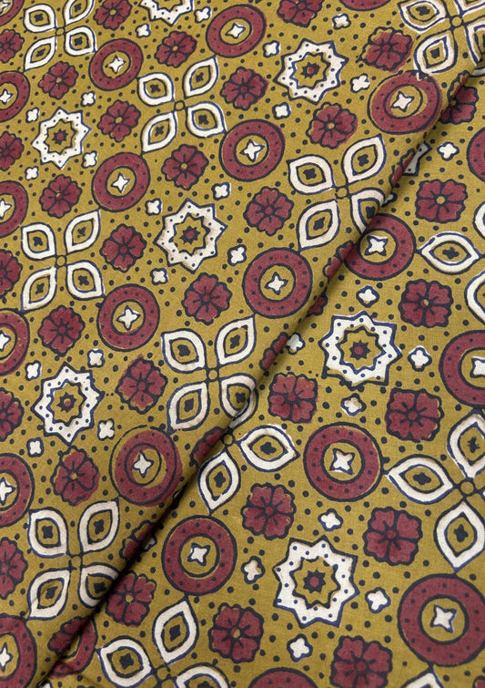 Multicolor Discharge Hand Print Cotton Fabric | Mustard