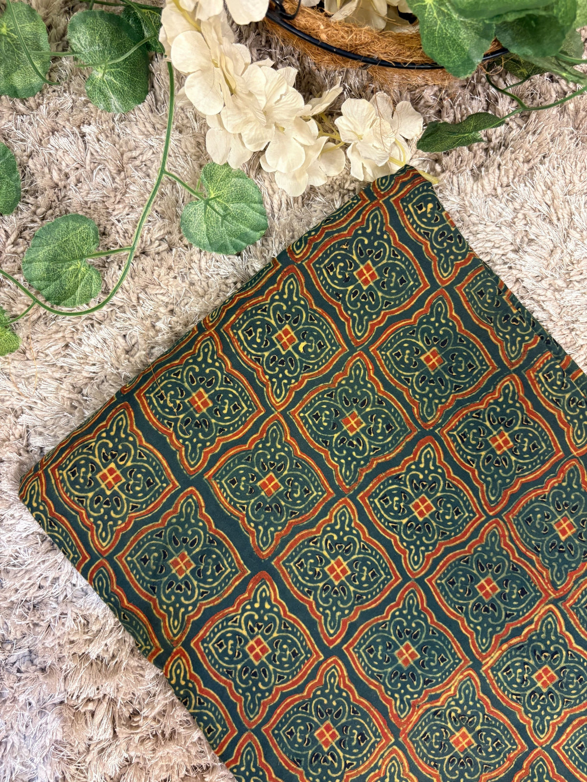 Forest Green Super Ajrakh Handblock Printed Fabric | Forest Green