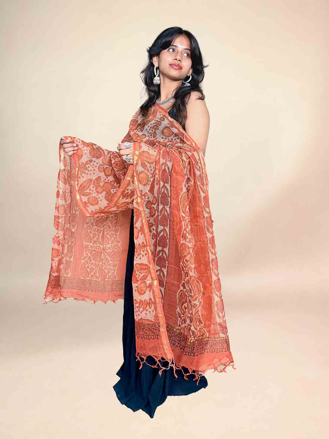 Orange Vanaspati Kota Handblock Printed Dupatta