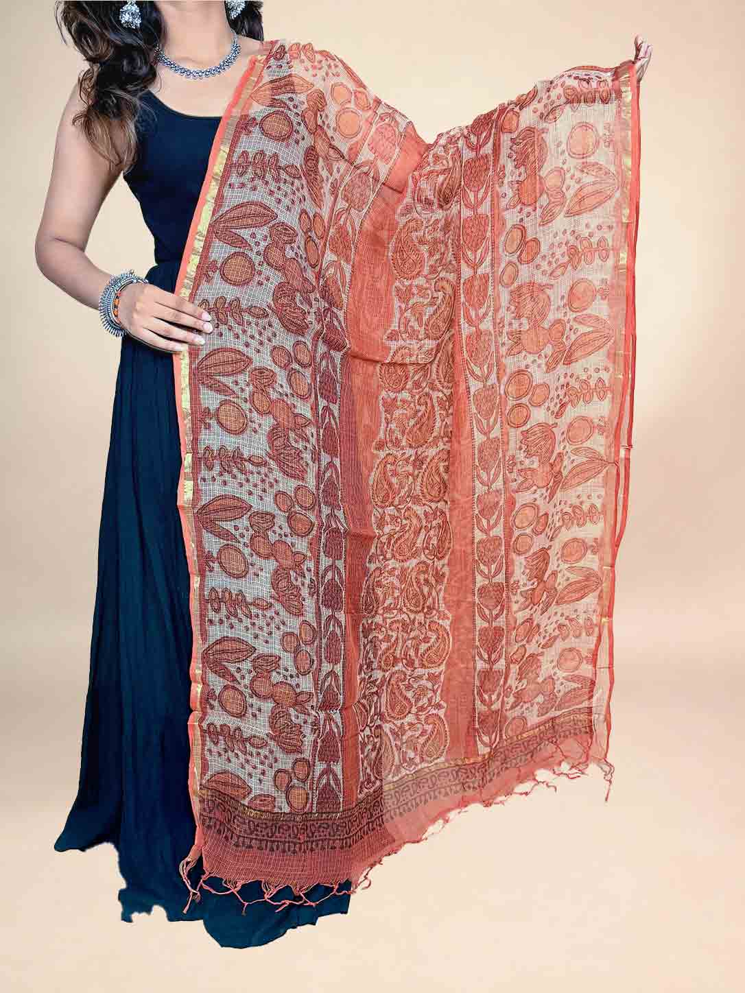 Orange Vanaspati Kota Handblock Printed Dupatta
