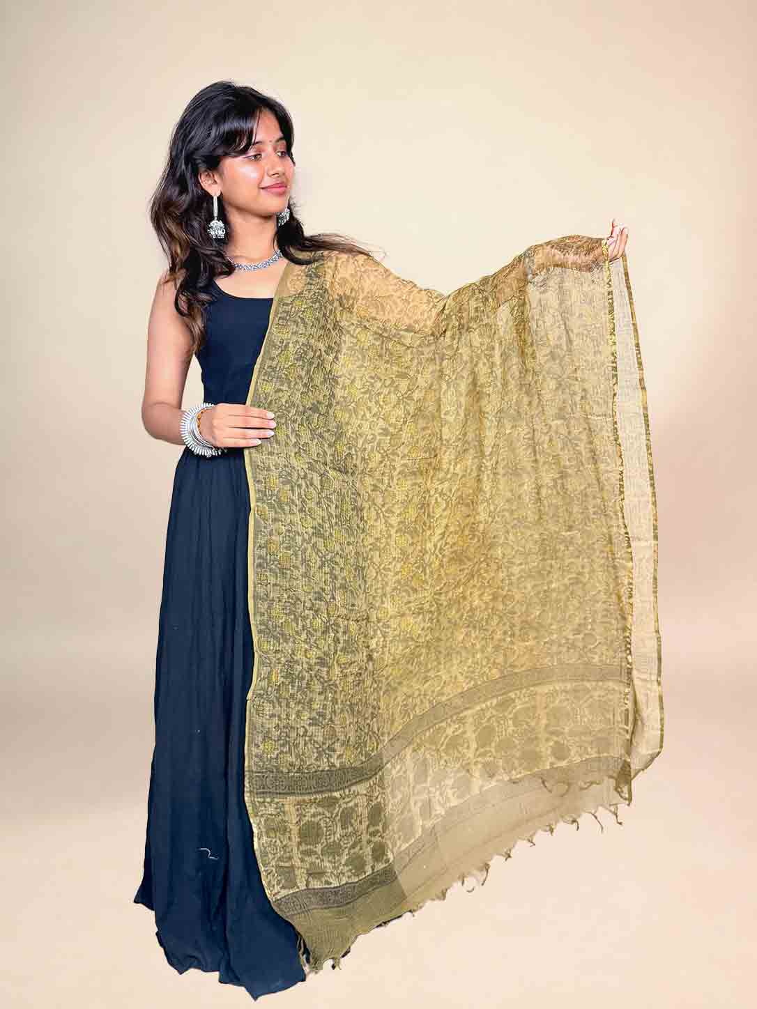 Chartreuse Green Kota Handblock Printed Dupatta