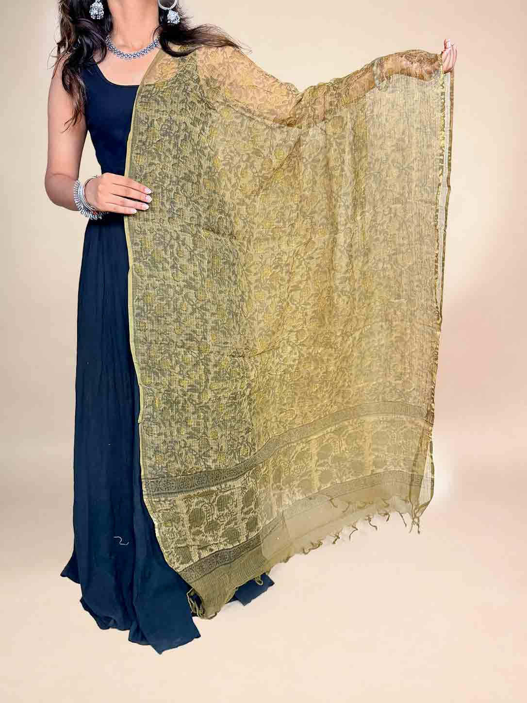 Chartreuse Green Kota Handblock Printed Dupatta