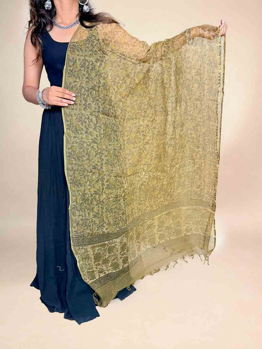 Chartreuse Green Kota Handblock Printed Dupatta