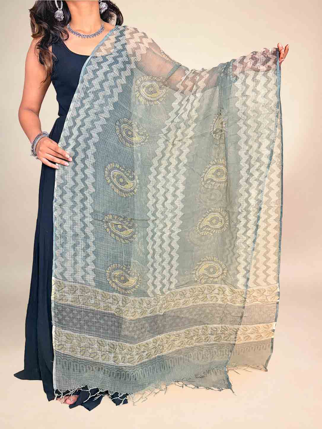 Grey Vanaspati Kota Handblock Printed Dupatta