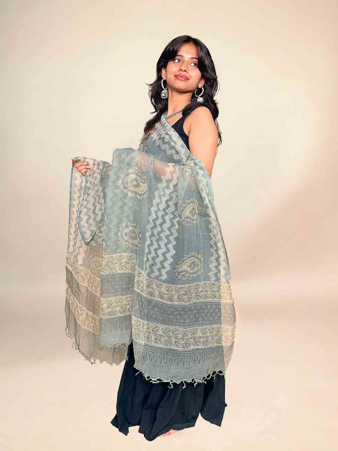 Grey Vanaspati Kota Handblock Printed Dupatta