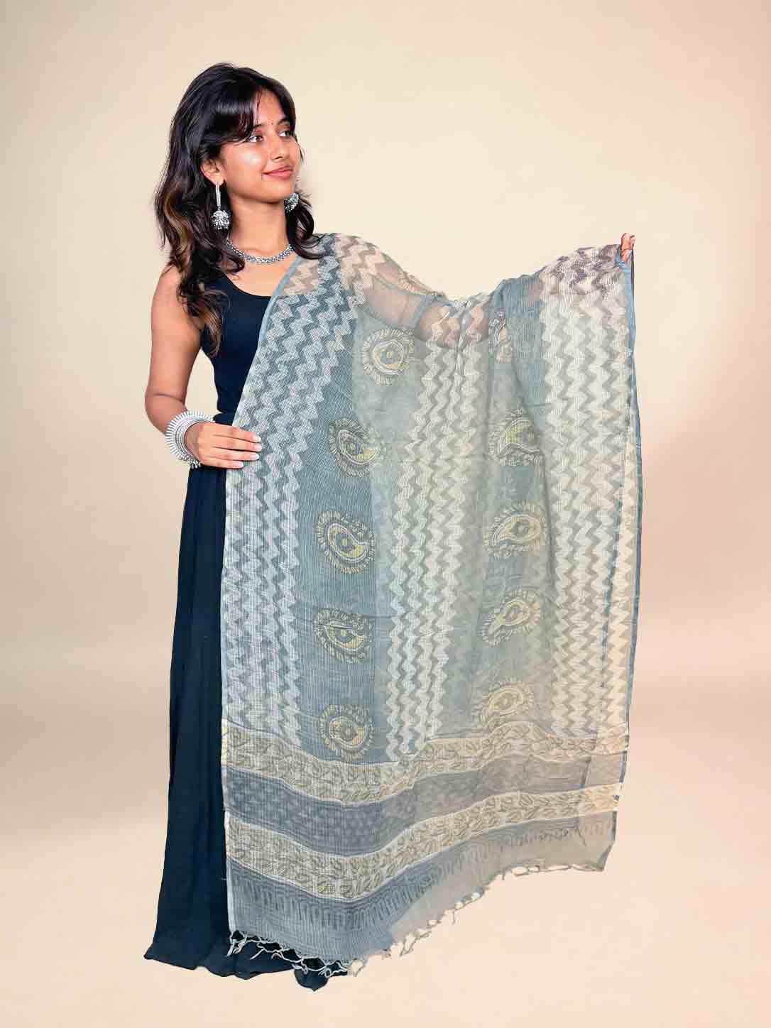 Grey Vanaspati Kota Handblock Printed Dupatta