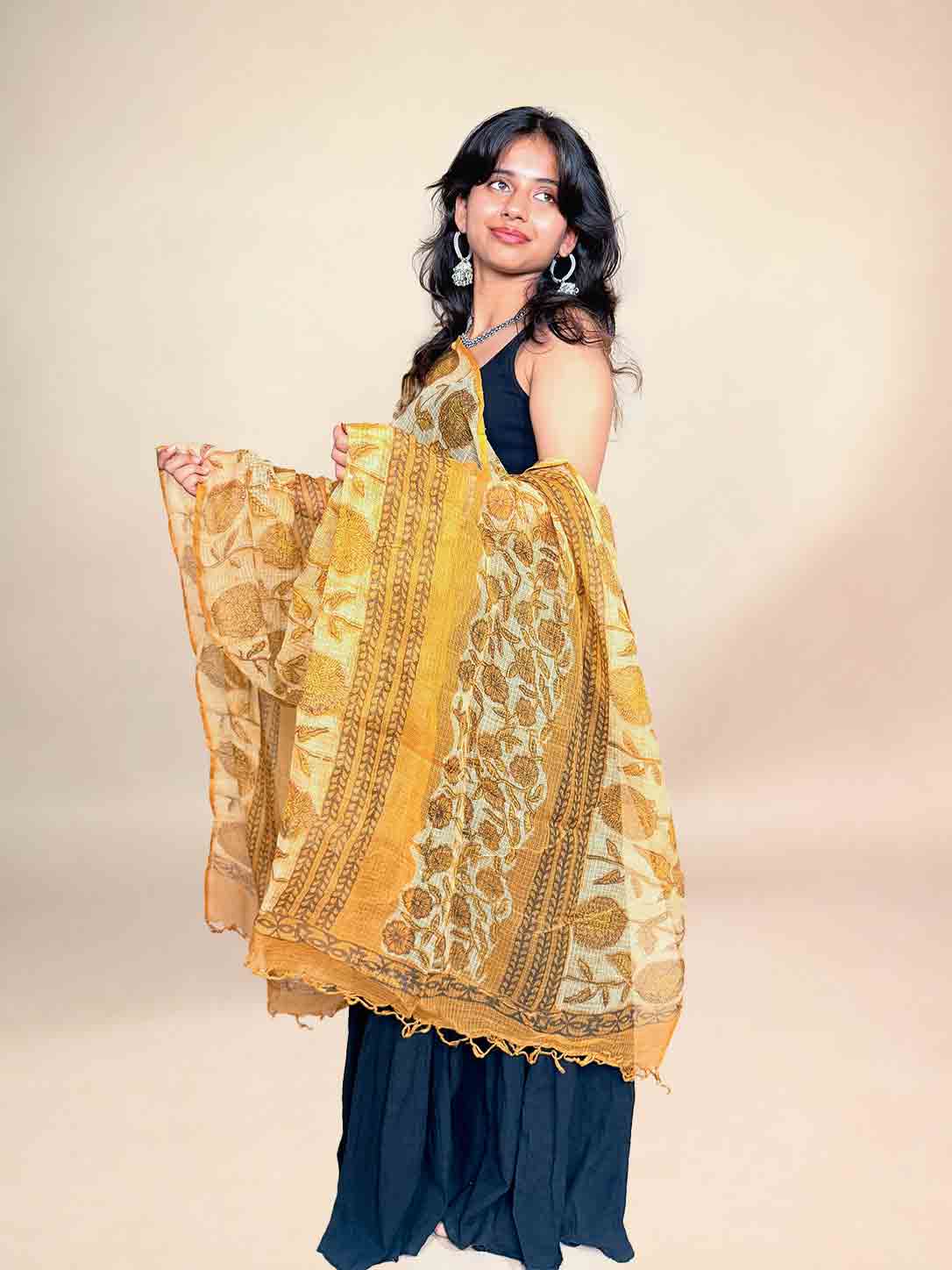 Mustard Vanaspati Kota Handblock Printed Dupatta