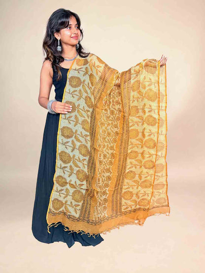 Mustard Vanaspati Kota Handblock Printed Dupatta