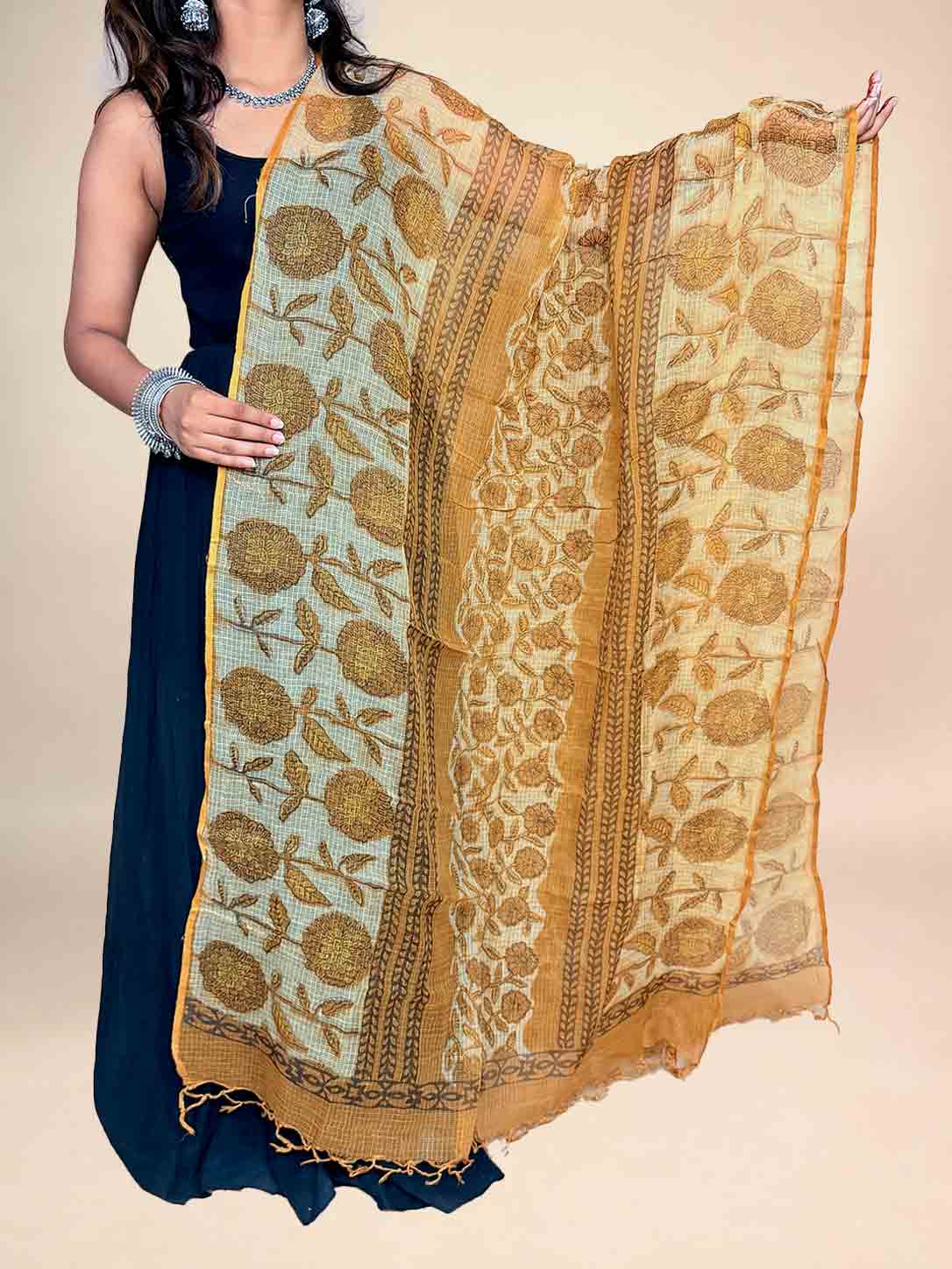 Mustard Vanaspati Kota Handblock Printed Dupatta