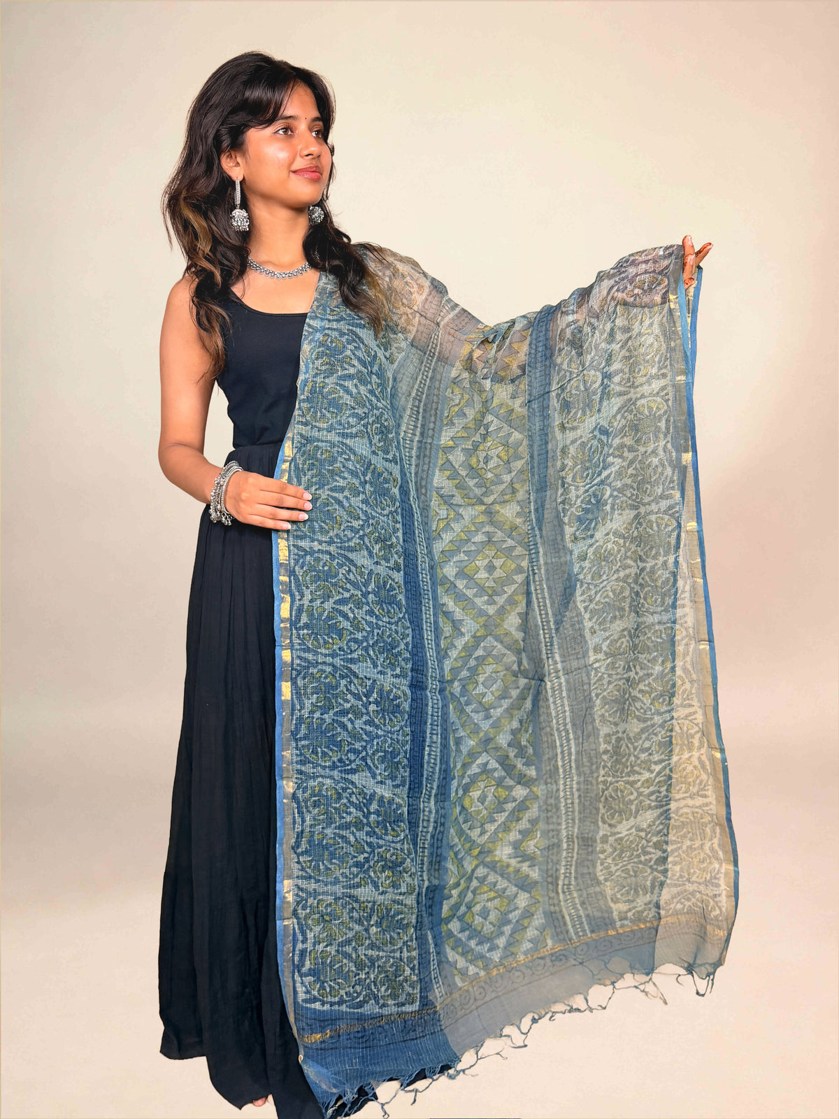 Blue Vanaspati  Kota Handblock Printed Dupatta