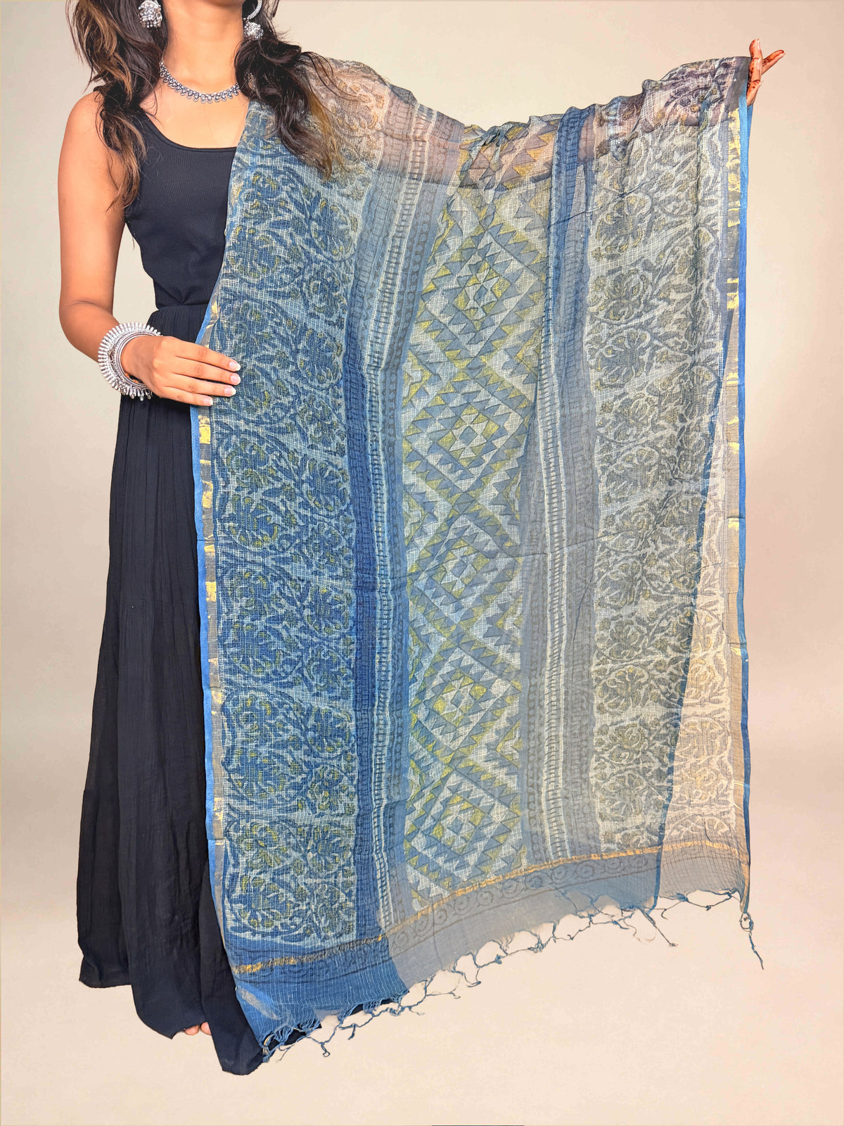 Blue Vanaspati  Kota Handblock Printed Dupatta