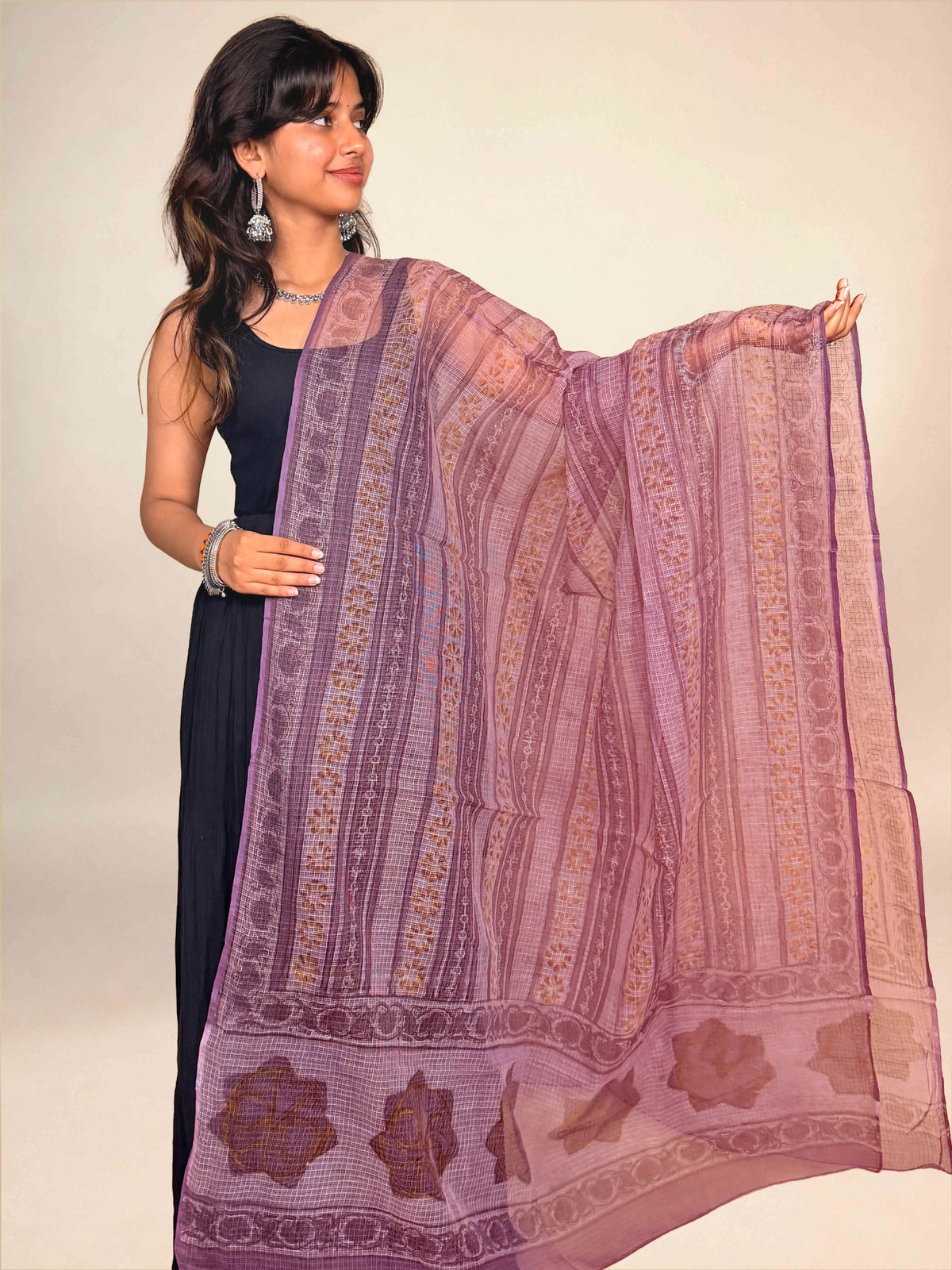 Dusty Plum Vanaspati  Kota Handblock Printed Dupatta