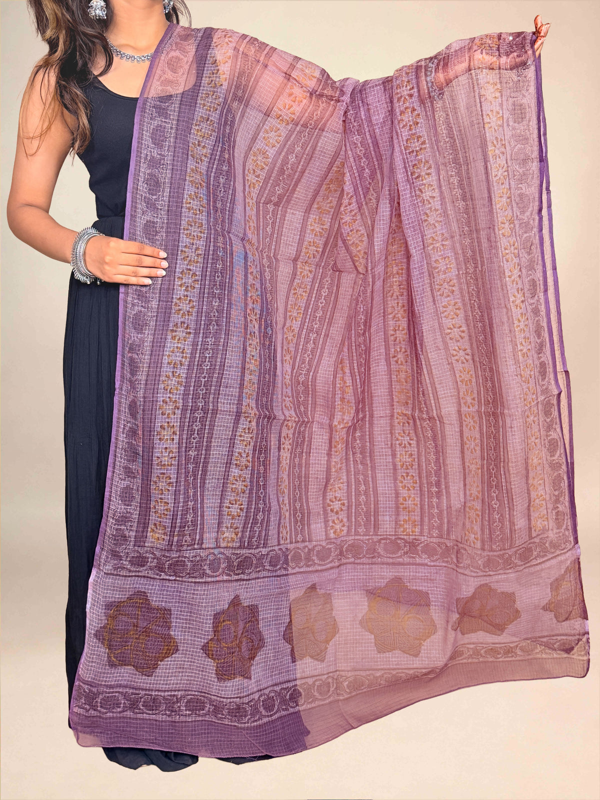 Dusty Plum Vanaspati  Kota Handblock Printed Dupatta