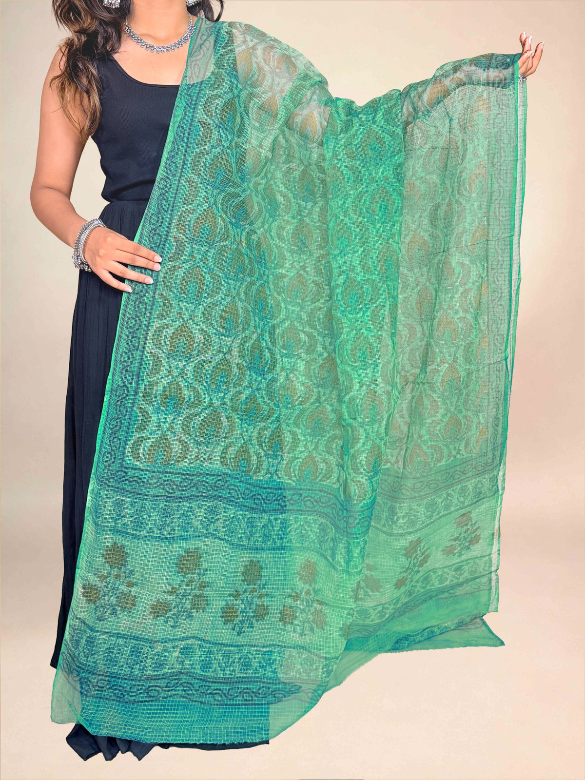 Mint Green Vanaspati  Kota Handblock Printed Dupatta