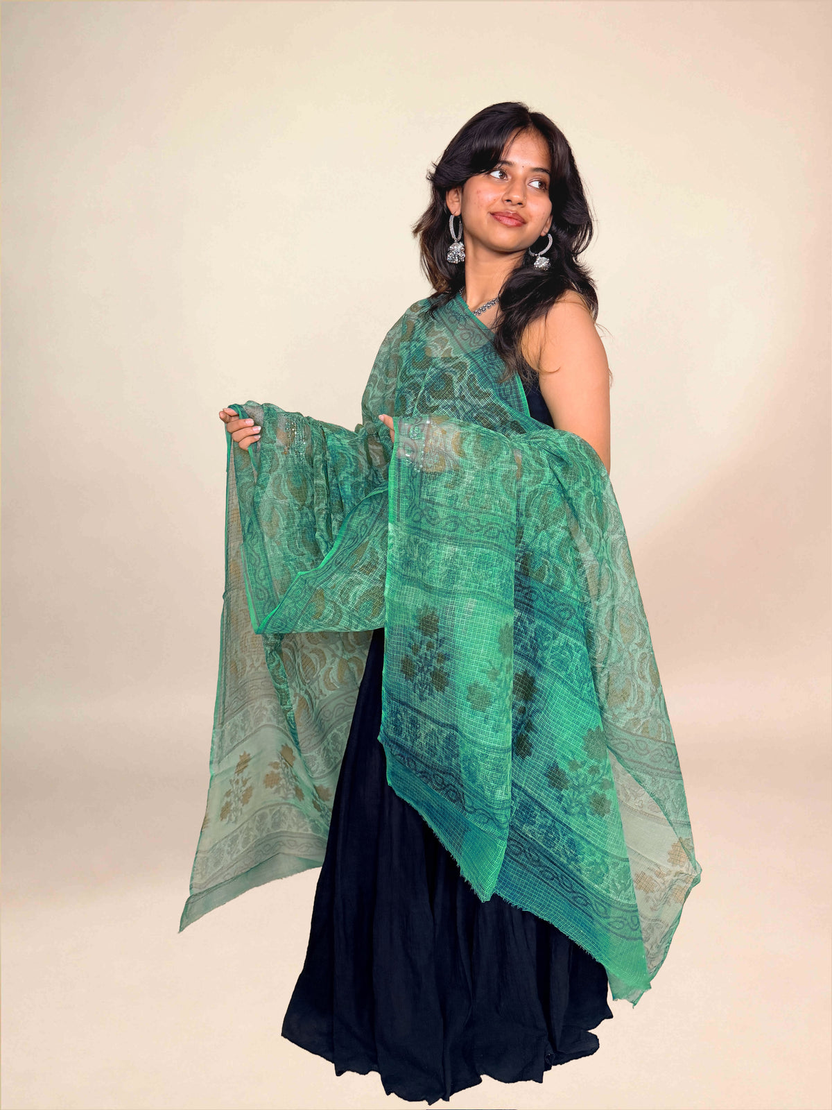 Mint Green Vanaspati  Kota Handblock Printed Dupatta