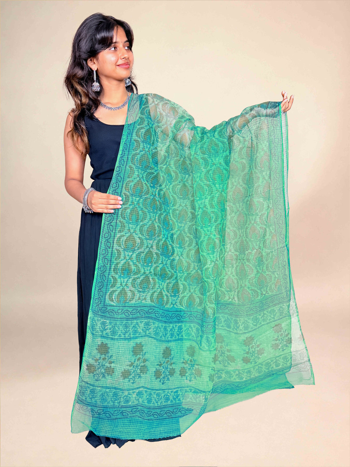 Mint Green Vanaspati  Kota Handblock Printed Dupatta