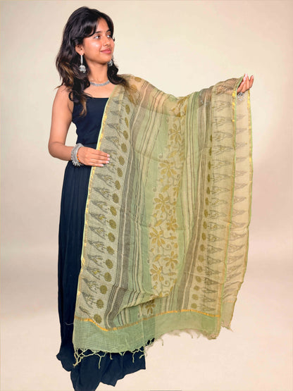 Sage Green Vanaspati Kota Handblock Printed Dupatta