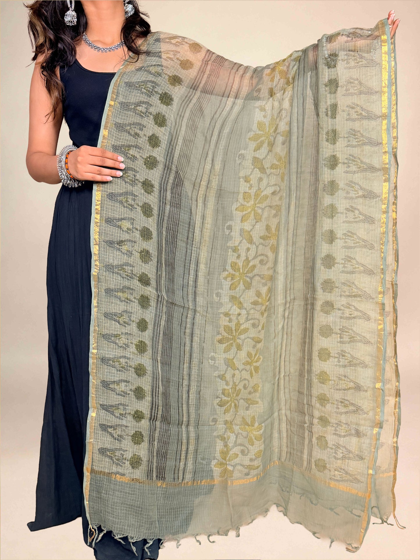 Grey Vanaspati Kota Handblock Printed Dupatta
