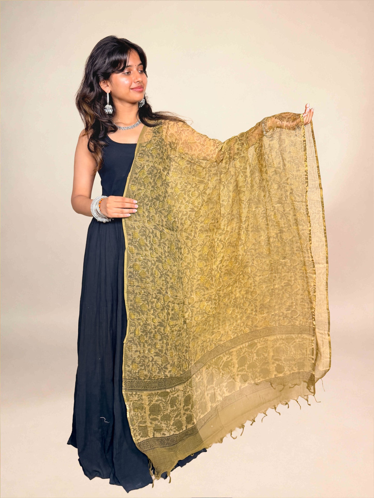 Olive Khaki Vanaspati kota Handblock Printed Dupatta