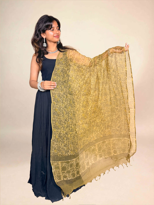 Olive Khaki Vanaspati kota Handblock Printed Dupatta
