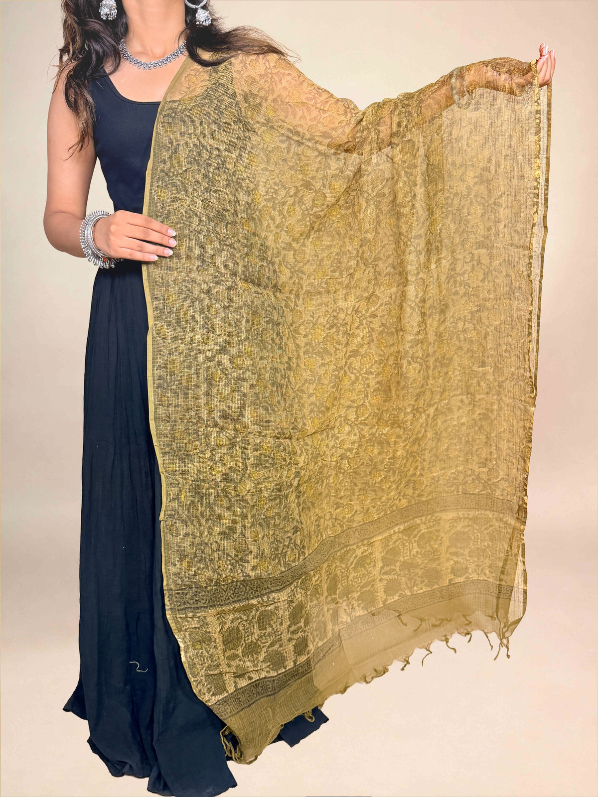 Olive Khaki Vanaspati kota Handblock Printed Dupatta