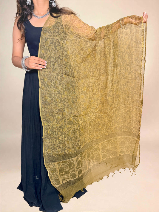 Olive Khaki Vanaspati kota Handblock Printed Dupatta