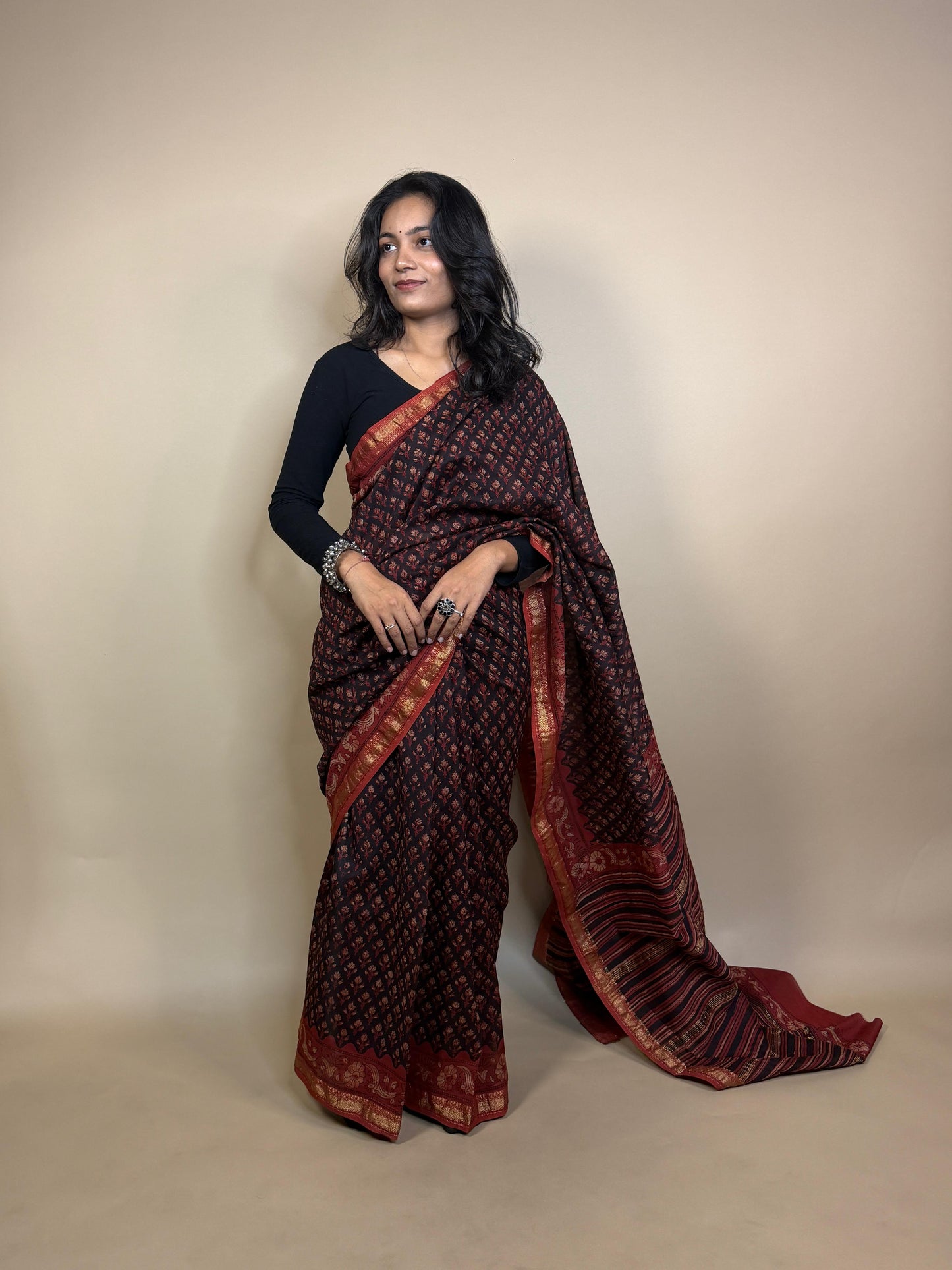 Maheshwari Handblock Printed Silk Saree