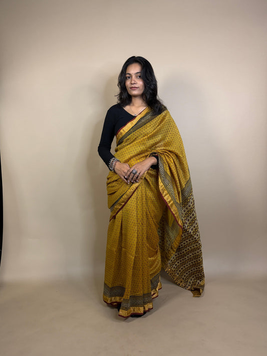 Butter Yellow Maheshwari Handblock Printed Silk Saree
