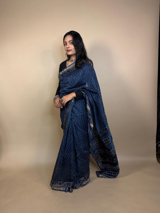 Blue Maheshwari Handblock Printed Silk Saree