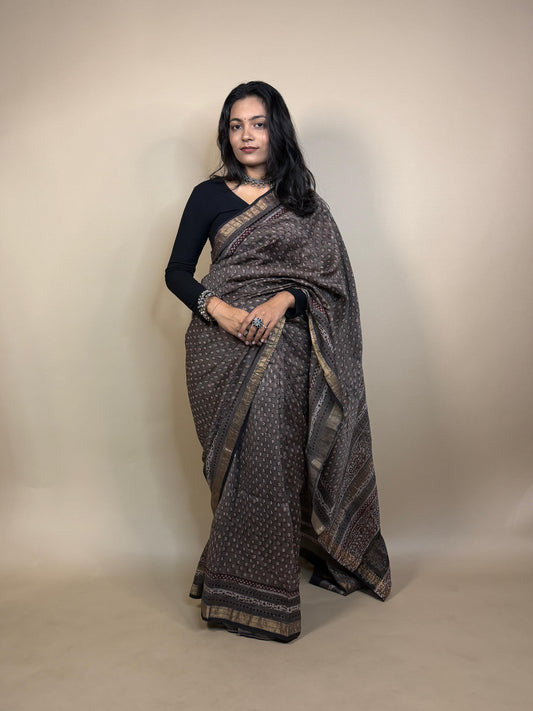 Grey Maheshwari Handblock Printed Silk Saree