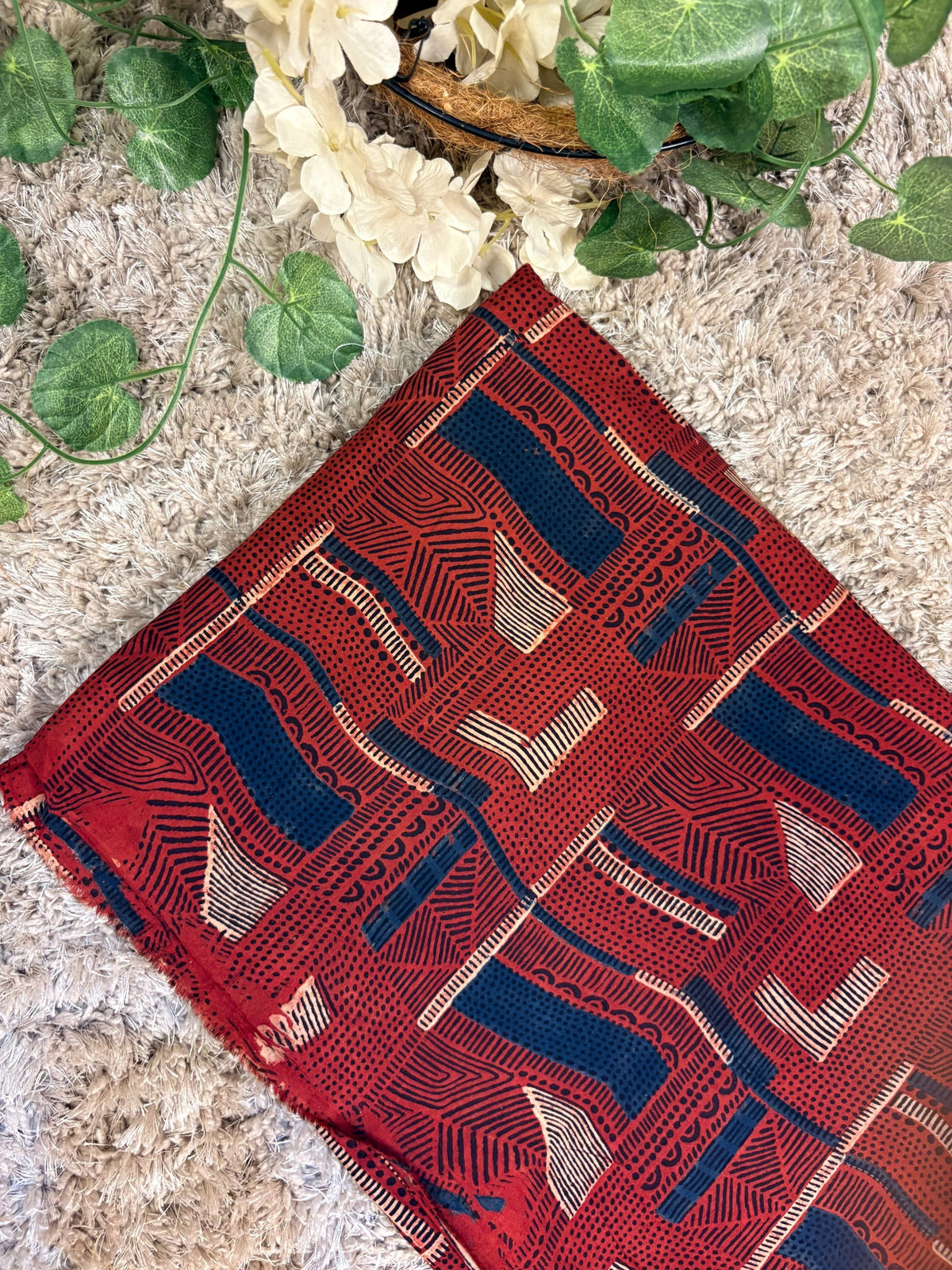 Crimson Red Super Ajrakh Handblock Printed Fabric | Crimson